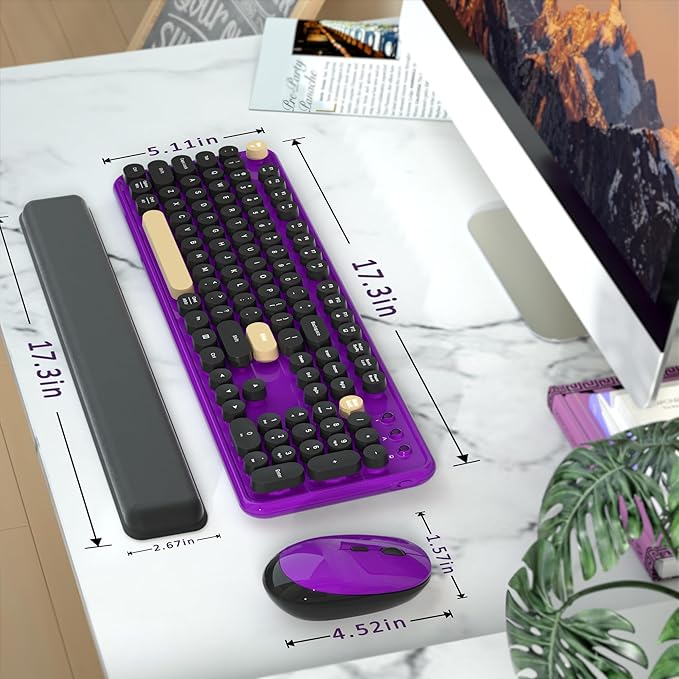 Wireless Computer Keyboards Mouse Combos, COVEVA Colorful Typewriter Retro Keyboard with Round Keycaps, USB Keyboard and Mouse Set 2.4GHz Full-Size Wireless Keyboard and Optical Mouse（Black-Purple）