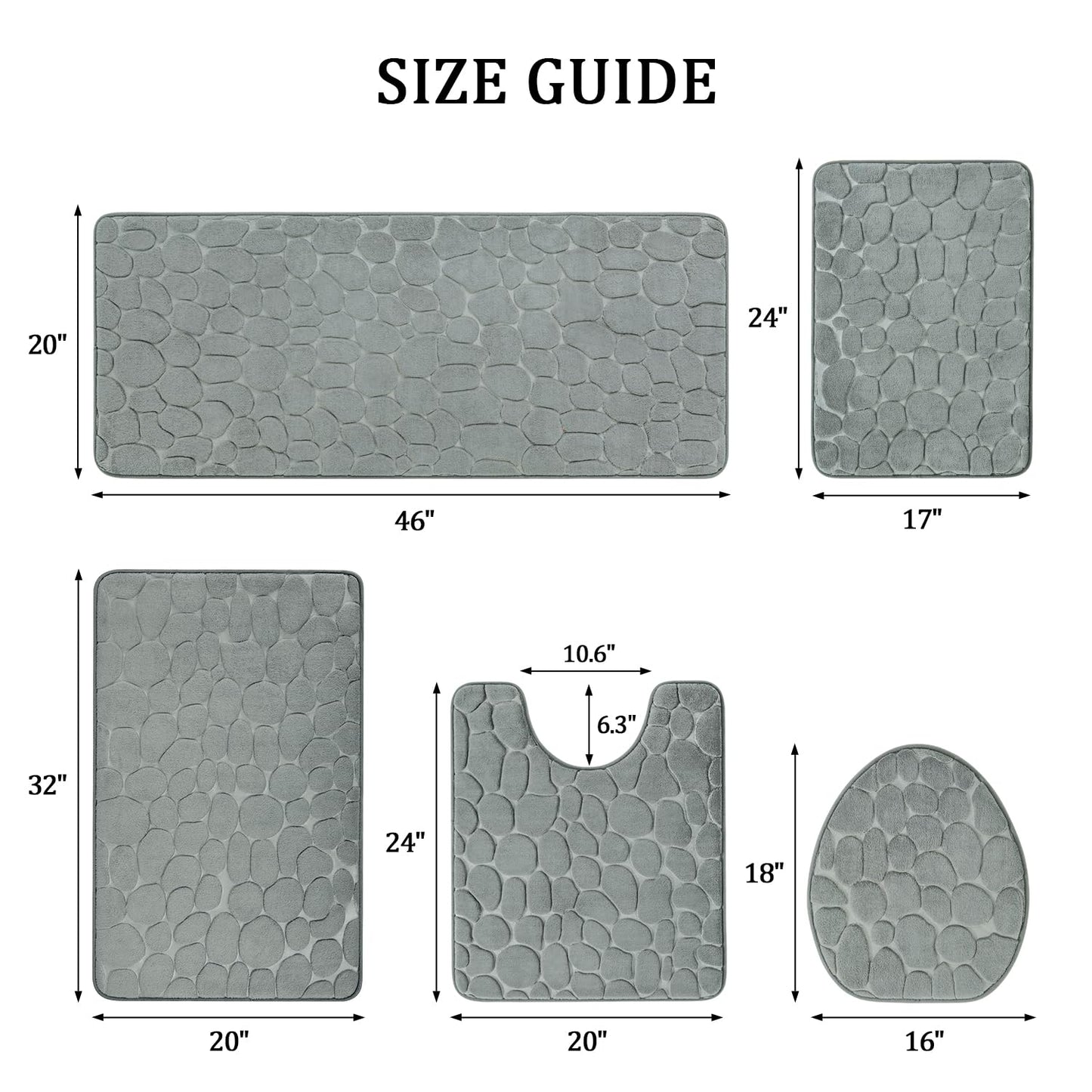 YIHOUSE Bathroom Rugs Sets 5 Piece, Cobblestone Memory Foam Bathroom Mats Set Extra Thick, Non Slip Bath Mats for Bathroom, Water Absorbent, Washable Light Grey Bath Rugs for Tub, Toilet and Floor
