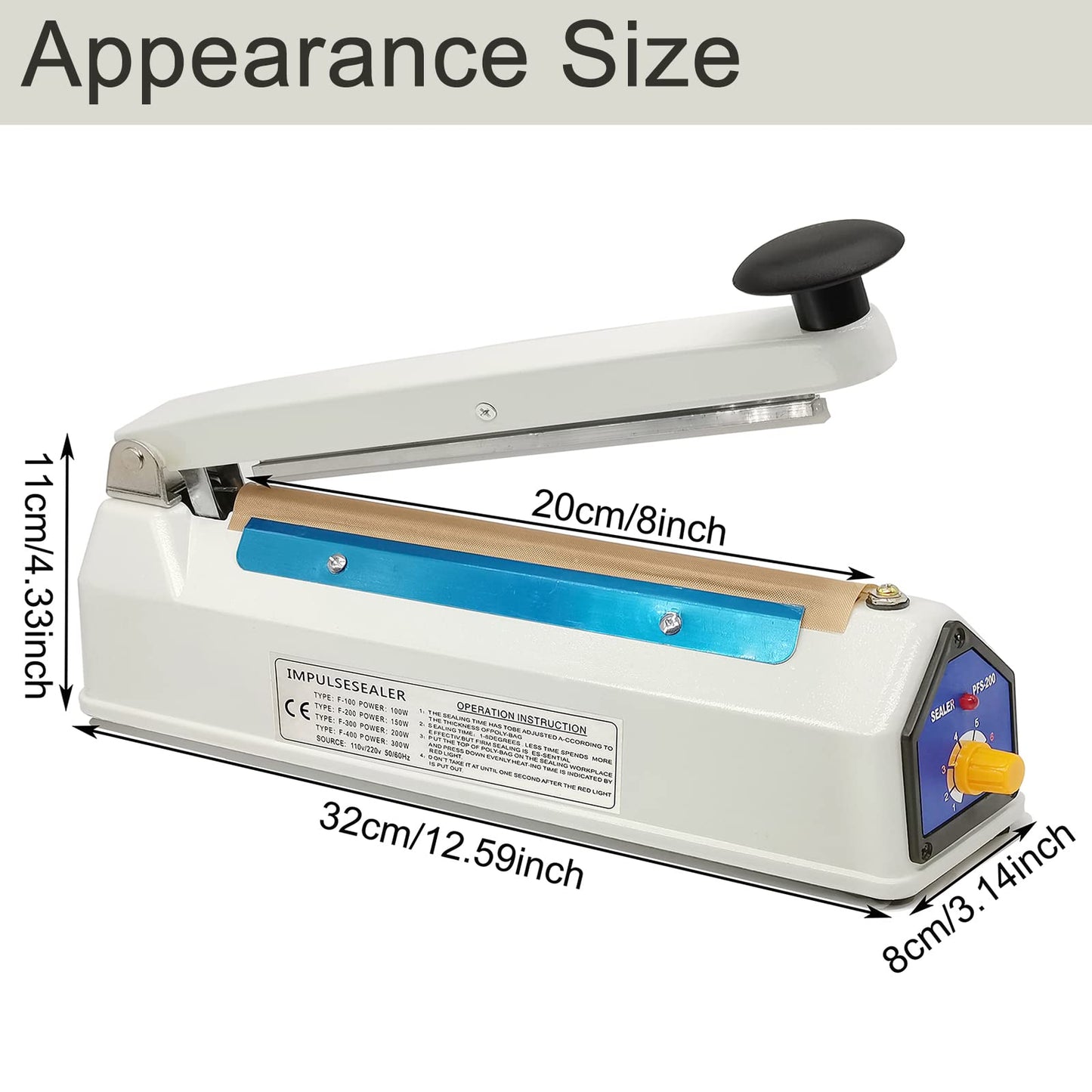 Impulse Sealer 8 Inch 5mm Sealing Heat Sealer for Plastic Bags, Iron Metal Shell, Mylar Bag Sealer, Manual Poly Plastic Bag Hot Seal Machine, 4 Repair Kit(2 Cutting Lines Included)