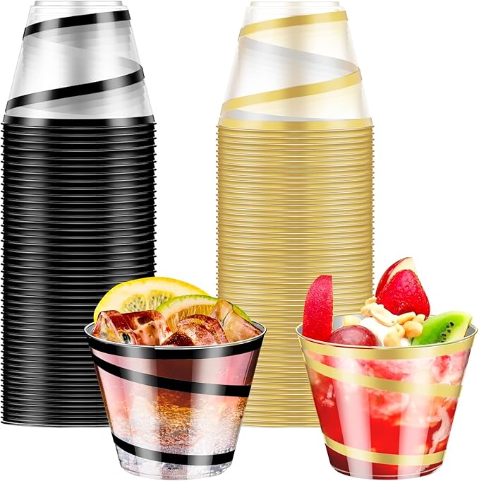 Dualshine 100 PCS Black and Gold Rimmed Swirl Clear Plastic Cups, 9 oz Disposable Plastic Wine Glasses, Heavy Duty Cocktai...