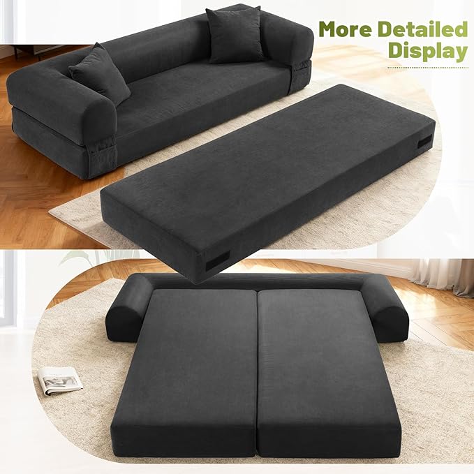 GJQ Convertible Futon Sofa Bed,80" Folding Pull Out Couch Bed with Pillows & Storage,Queen Sleeper Sofa Bed,Compressed Couch in a Box,Corduroy Boneless Couches for Living Room,Deep Gray