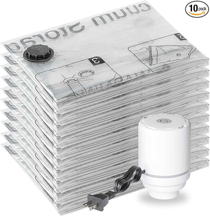SUOCO 10 Small Vacuum Storage Bags with Electric Pump, Travel Clothes Space Saver Bags, Compression Airtight Seal Bags for Clothing, Pillows, Comforters, Blankets