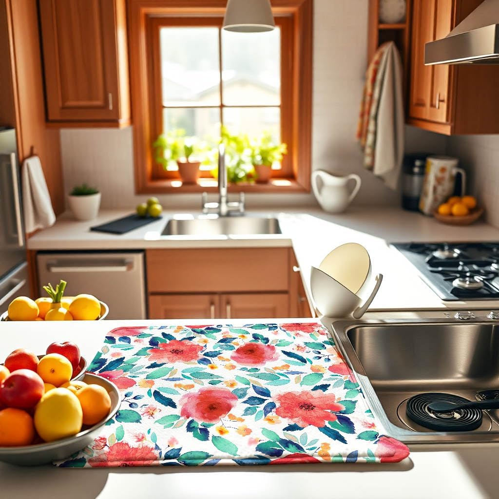 Spring Red Floral Large Dish Drying Mats, Reversible Dish Drying Pads for Kitchen Counter Foldable and Stored in a Drawer,18"x24" Extra Large Draining Mat Protect for Kitchen,Bar Counter,Coffee Make