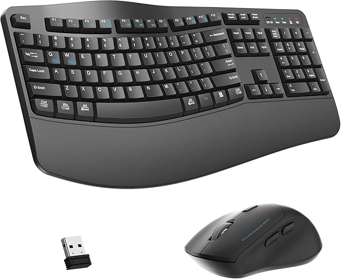 Wireless Keyboard and Mouse Combo,2.4G Full Size Wave Keys Ergonomic Keyboard with Wrist Rest for Natural Typing, 3 DPI Ad...