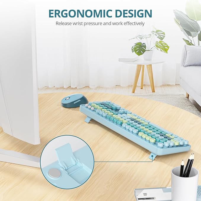 Wireless Keyboard and Mouse Set, Retro Typewriter Keyboard, 2.4GHz Full Size 104-Key Cute Keyboard with Number Pad, Colorful Keyboard with Round Keycaps for Windows PC Laptop(Colorful Blue)