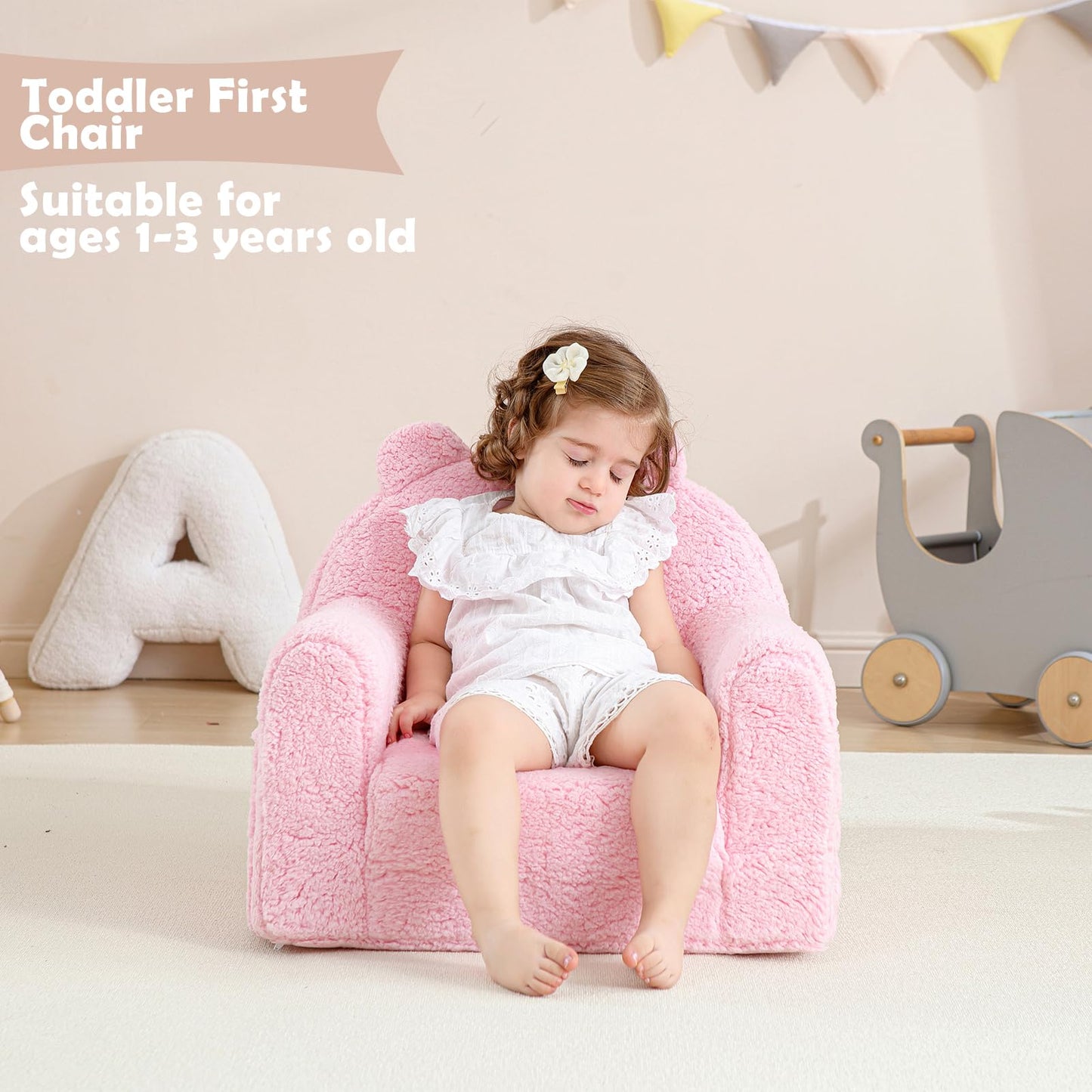 Kisdsa Toddler Chair,Sherpa Bear Kids Chair,Toddler Couch Fold Out,Children Reading Chair,Flip Out Kids Couch,Toddler Sofa Convertible for Age 1-3(Pink Bear)