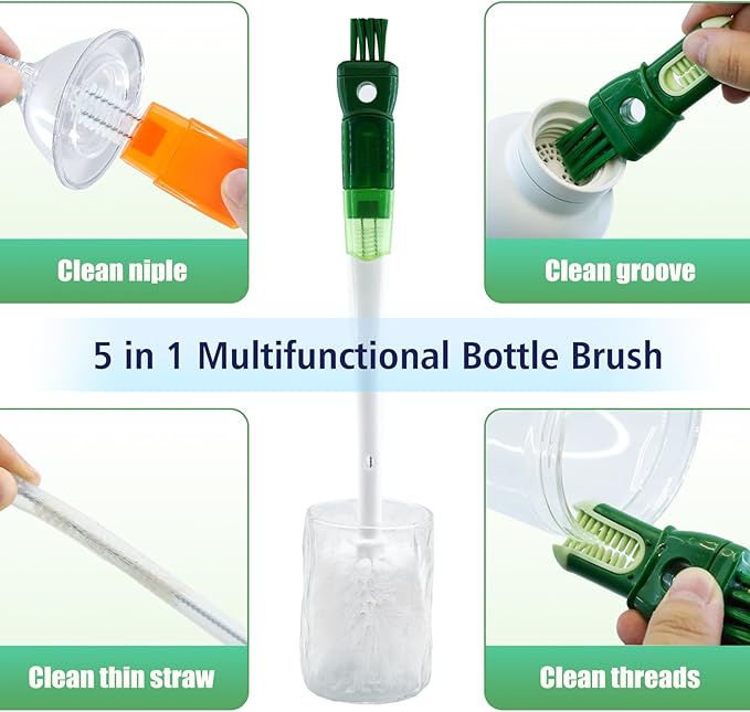 5-in-1 Bottle Brush Set (1Pc Orange), Long Handle Bottle Cleaning Brush Straw Brush Nipple Brush Hard-Corner Brush for Sports Water Bottles Caps Mugs Glasswares Tumblers Wine Decanters