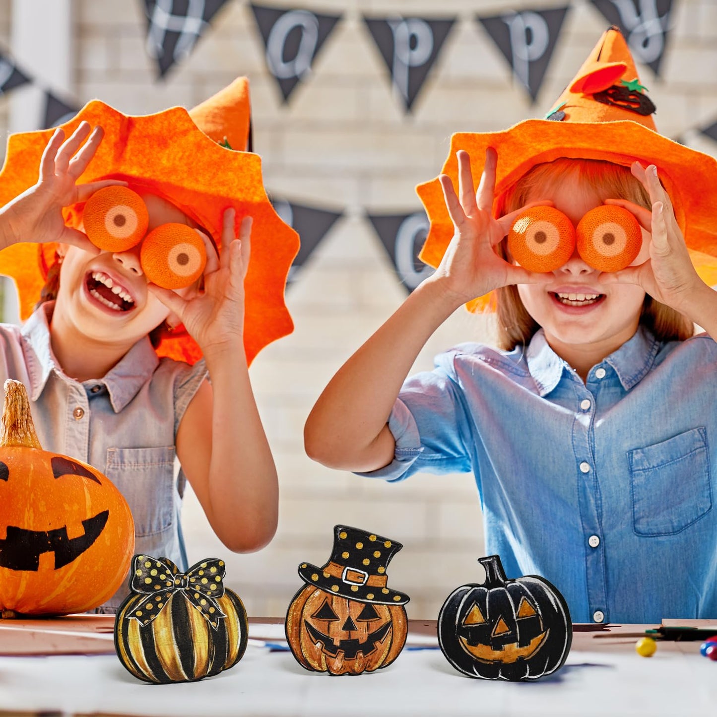 Smile 3 Pcs Wooden Blocks Signs, Happy Halloween Pumpkin Tiered Tray Decorations, Indoor Decor for Kitchen Bathroom and Home Table Shelf