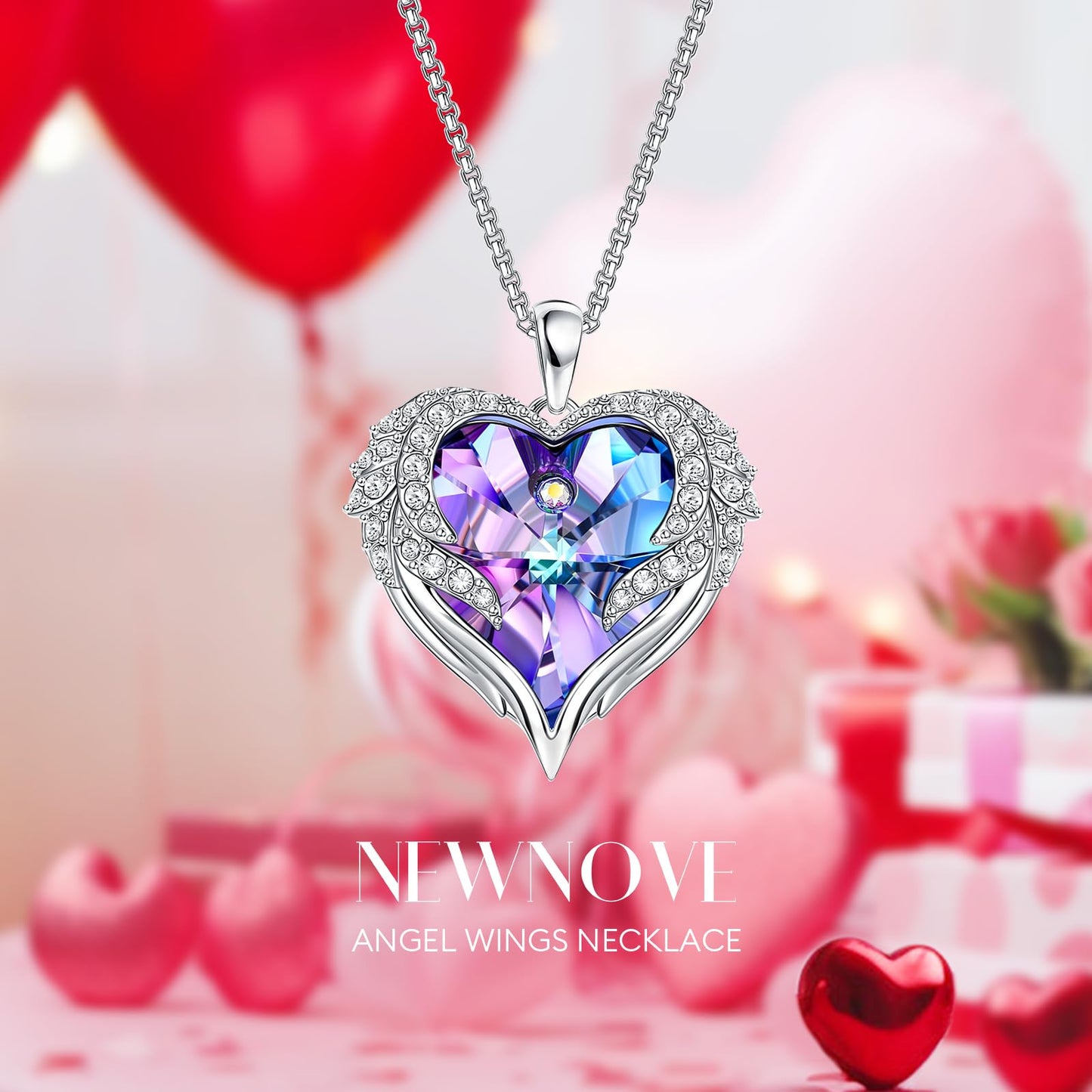 NEWNOVE Preserved Real Purple Rose with Angle Wings Necklace, Mothers Day Flowers Gifts for Mom Grandma Wife Girlfriend, I Love You Gifts for Her, Anniversary or Birthday Gifts for Women