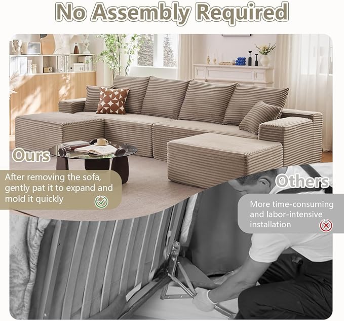 140" Sectional Cloud Couch for Living Room, Modular Floor Deep-Seat Sofa, Big Comfy Corduroy Couches Set with Fluffy Memory Foam, Stupendous U Shaped Sofas, No Assembly Required, Camel