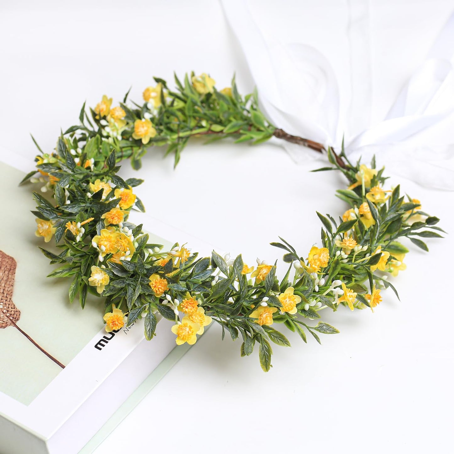 Yili Maizi Women Girls Flower Crown Green Leaves Flower Headband Renaissance Floral Headpiece Hair Wreath for Bridal Maternity V
