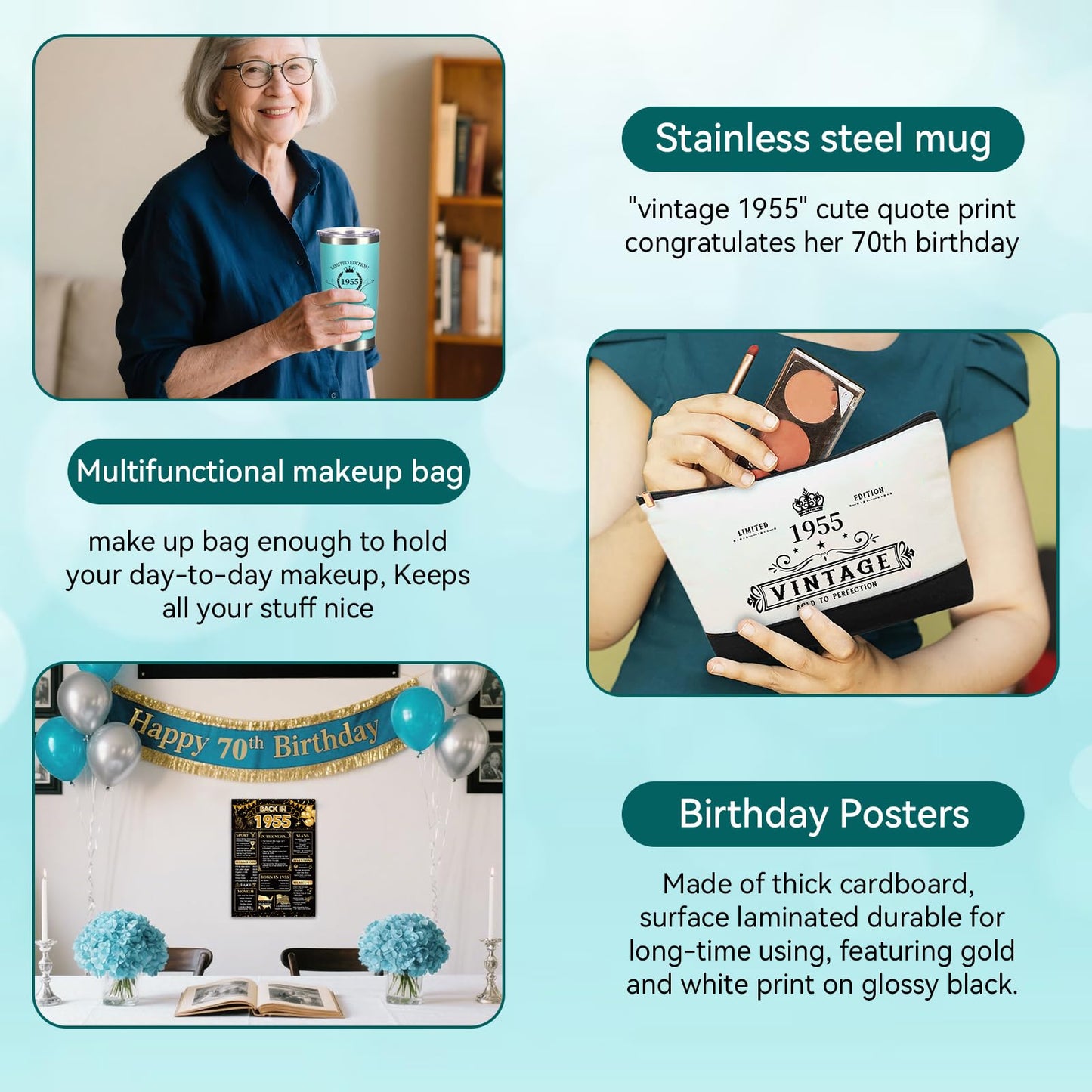 TrophyToast 70th Birthday Gifts for Women Her- 4 pcs, Turning 70 Year Old Gifts, Decorations Canvas Beach Tote Bag & Makeup Bag, Unique Happy 70th Birthday gifts for Her Mom Wife Friends