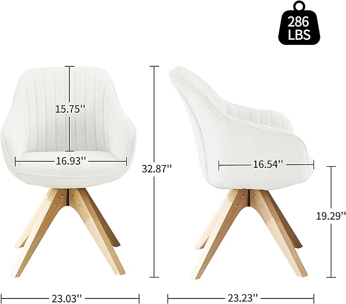 Art Leon Dining Chair, Mid Century Modern Fabric Upholstered Swivel Dining Room Chair with Oak Wood Legs, Leisure Side Chair with Arms for Living Room, Off White