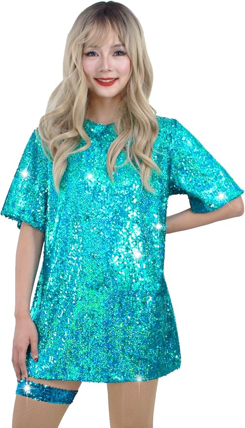 Muztagata Sequin T-Shirt Dress Sparkly Casual Short Sleeve Party Club Outfit Costume