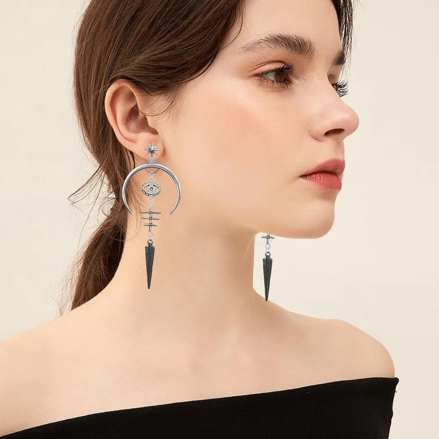 Hanavigar Gothic Viking Vintage Sliver Crescent Moon Evil Eyes Star Fishbone Lightweight Dangle Drop Earrings Punk Tribal Stud Earrings For Women Jewelry Gift (Stud Earrings)