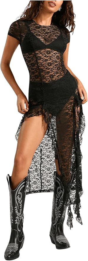 Floerns Women's Y2k Floral Sheer Lace Short Sleeve Slit Music Festival Long Dresses