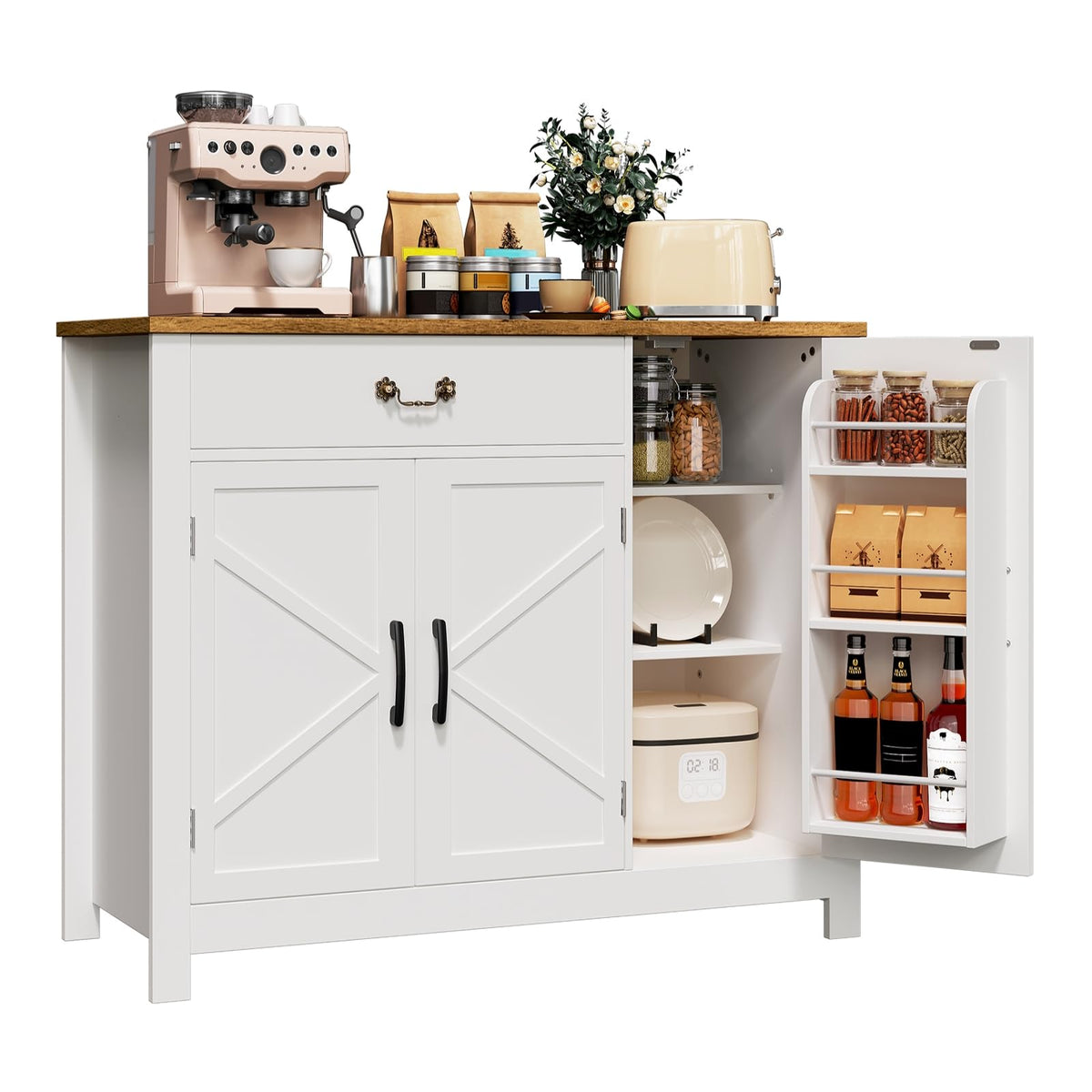 RALGEND Farmhouse Sideboard Buffet, 43” Kitchen Storage Cabinet with Drawer, Buffet Cabinet with Storage, Coffee Bar Station with Adjustable Shelves, for Kitchen, Entryway, White and Walnut