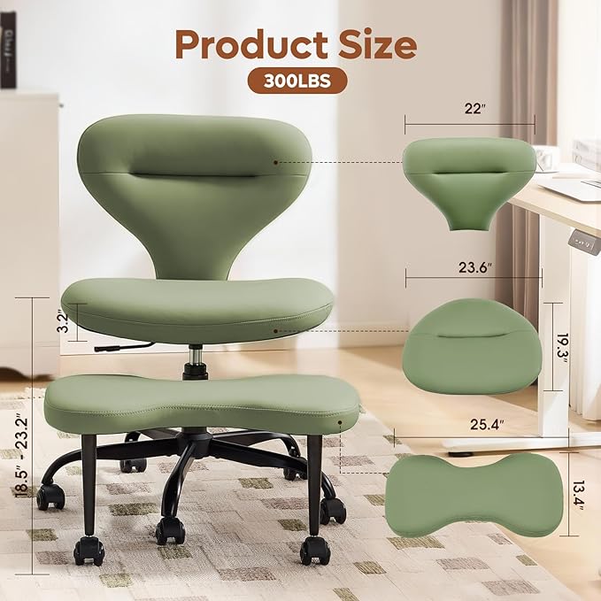 YFO Ergonomic Cross Legged Office Chair and ADHD Meditation Chair with Silent Wheels for Home Office Desk Chair and Yoga, Wider Backrest Support and Storage Pockets Design, PU Leather, Green