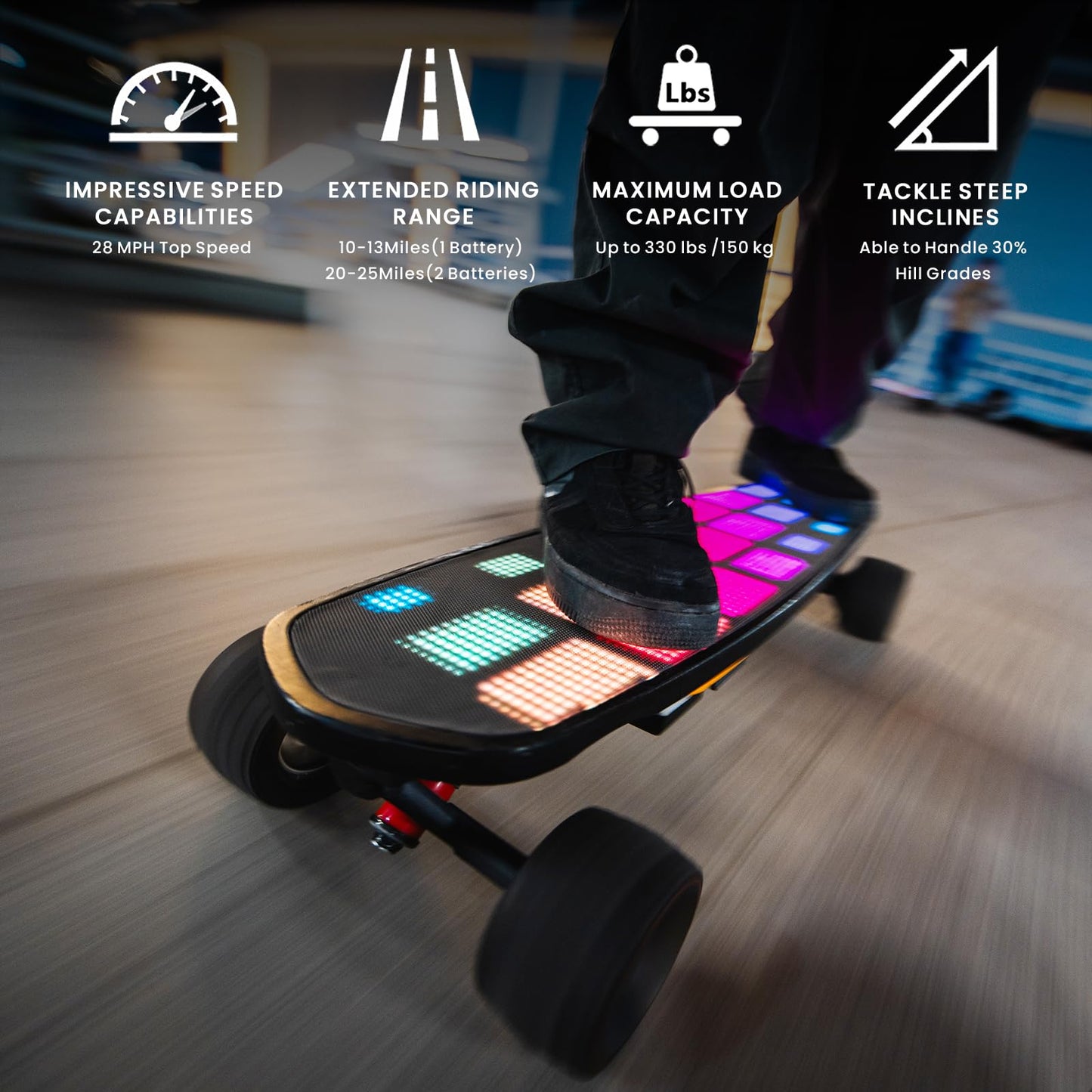 Uditer Pixel mini Electric Skateboards with LED Screen Deck, Supports Image DIY via App. 10S3P 7.8A Removable Battery/ 25 Miles Max Range/28 Mph Top Speed/2*600W for Beginners (Contains 2 batteries)