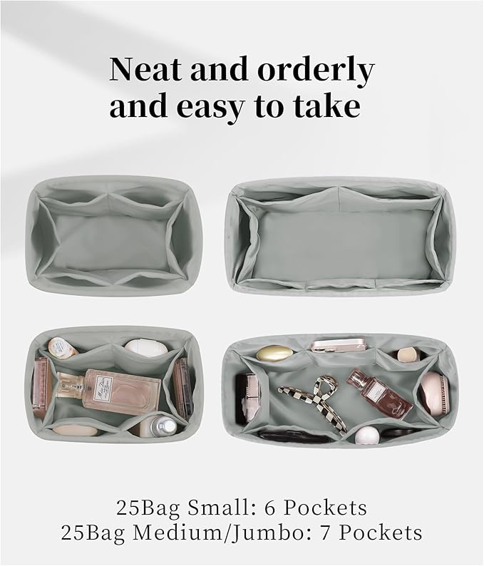 Purse Organizer Insert for Chanel 25C Hobo Bags, Satin Luxury Bag Insert, Large Capacity Pouch with Practical Pockets, Portable Purse Shaper(Pearl grey, 25 Small)