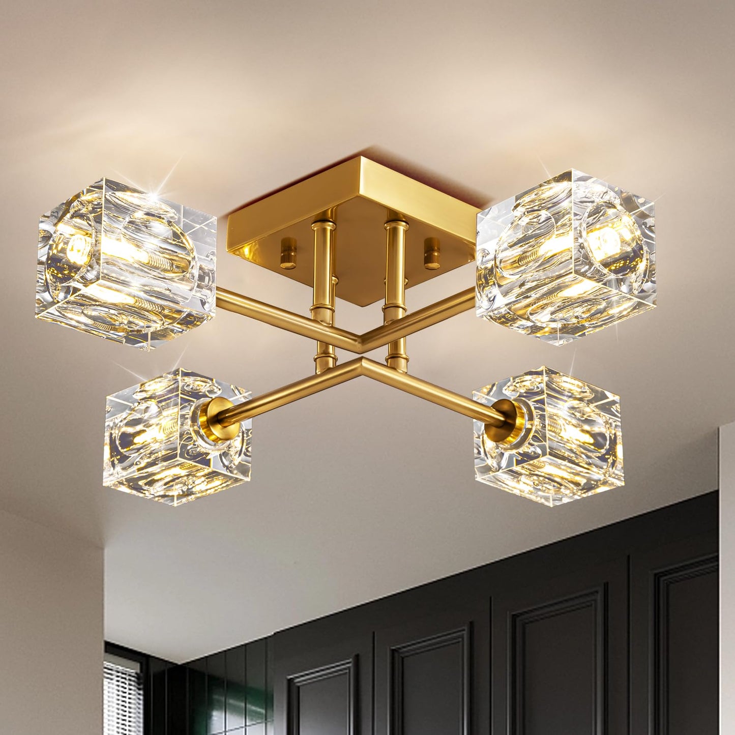OKES Gold Modern Sputnik Chandelier Ceiling Light Fixtures,4-Lights Industrial Crystal Semi Flush Mount Ceiling Light for Bedroom Dining Room Hallway Kitchen Bedroom Entryway