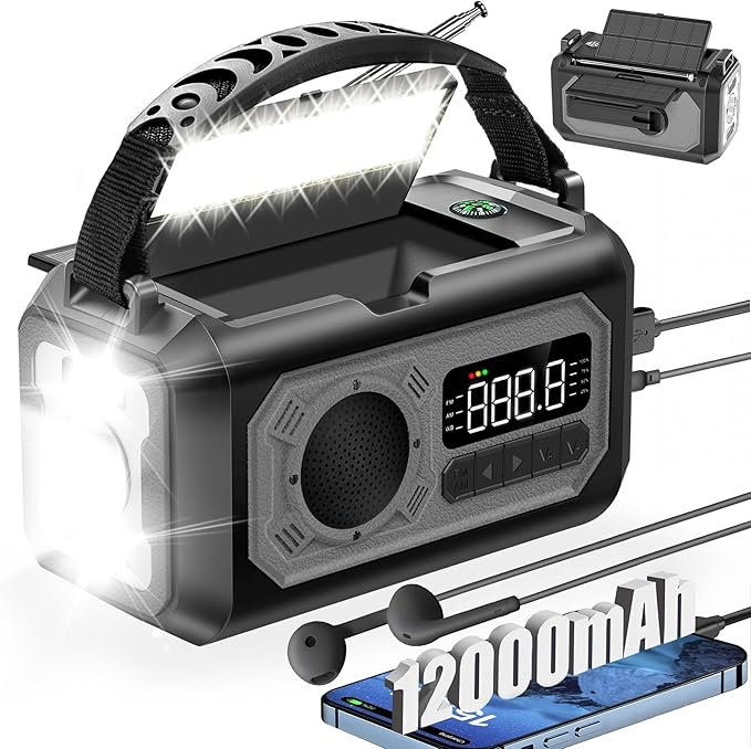 12000mAh Emergency Weather Radio, Hand Crank Solar Radio Portable AM/FM/NOAA Radio with 2 Solar Panels 3 Charging Methods ...