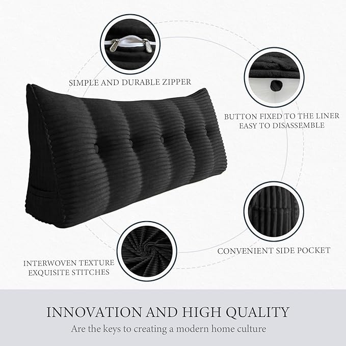 Wedge Headboard Pillow Dorm Room Reading Pillow Back Support for Sitting Up in Bed Bolster Lumbar Cushion Body Positioning Bedrest Corduroy (Black, King (76 * 8 * 20in))
