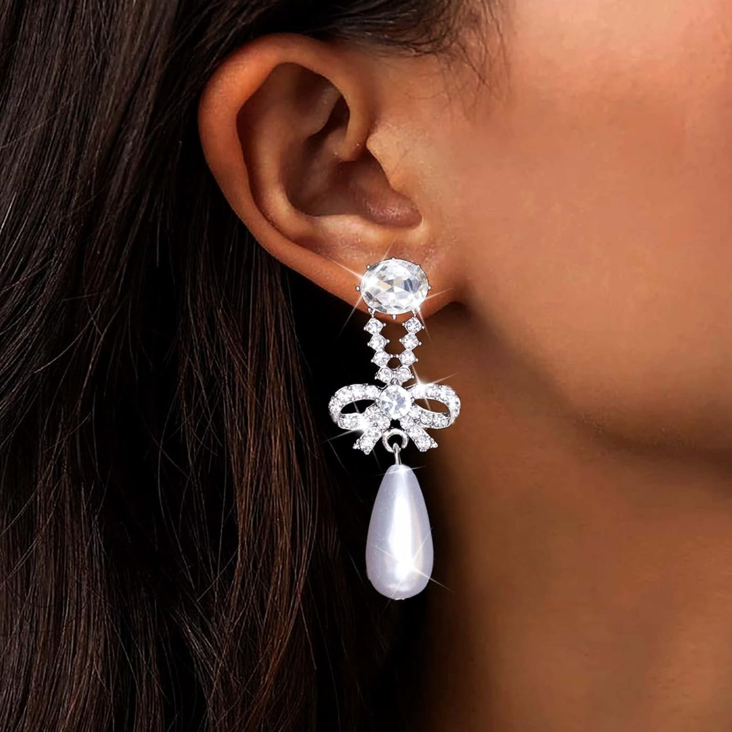 Vintage Teardrop Pearl Dangle Earrings Long Cz Pearl Drop Earrings Silver Crystal Bow Stud Earrings Rhinestone Pearl Bridal Earrings Jewelry for Women