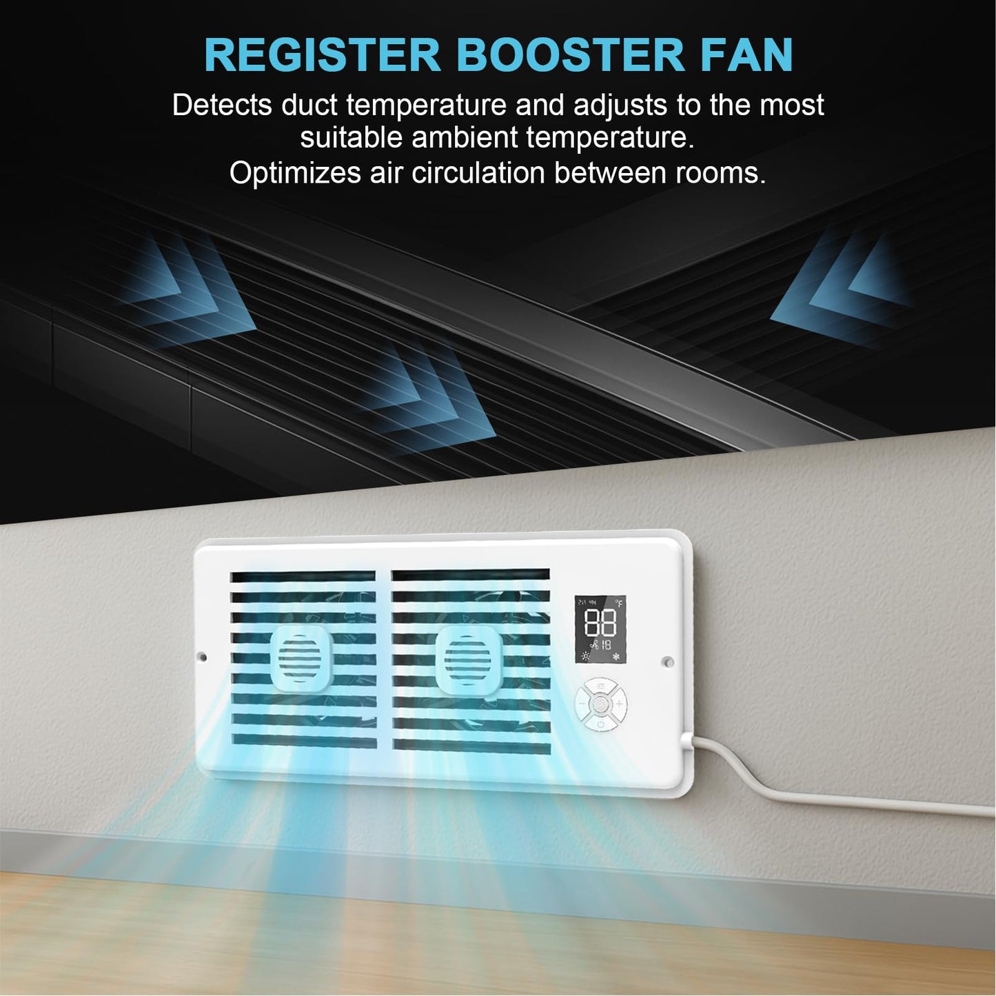 Register Booster Fan For 4 X 12 Vents Only,10 Speeds To Control Cool & Warm Airflow, Air Conditioning Vents With Led Screen Remo