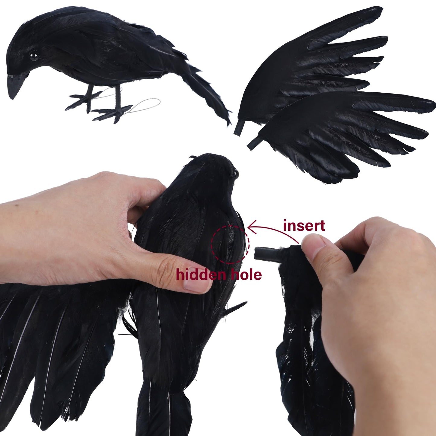 YOFIT Halloween Crows Decorations, 2 Pcs Extra Large Realistic Crows Artificial Ravens, Black Feather Birds Prop for Indoor Outdoor (17 Inch & 10 Inch)
