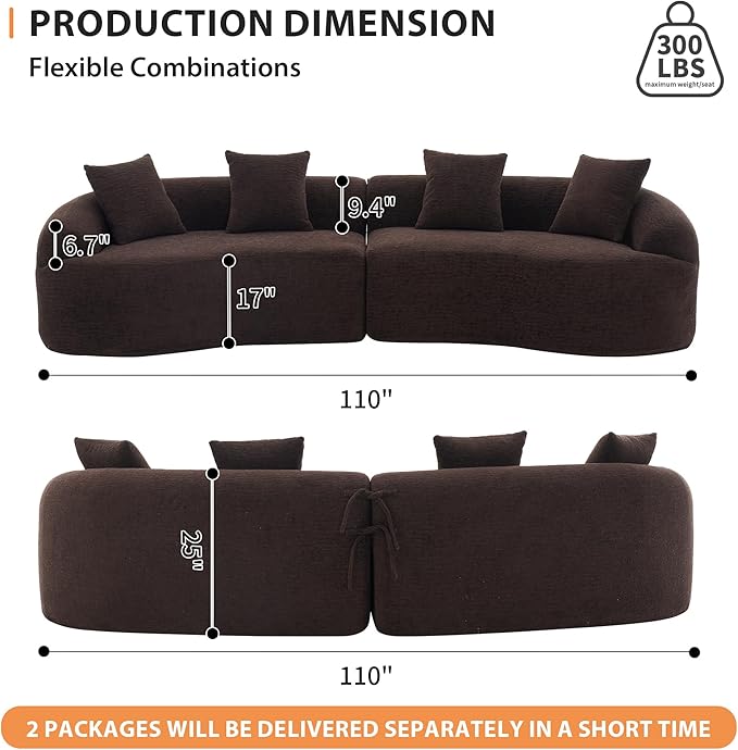 110" Oversized Modern Curved Cloud Sectional Sofa, Luxury Plush Chenille 4-Seater Deep Wide Seat Couch with 4 Pillows, No Assembly Needed Apartment Living Room Furniture, Black