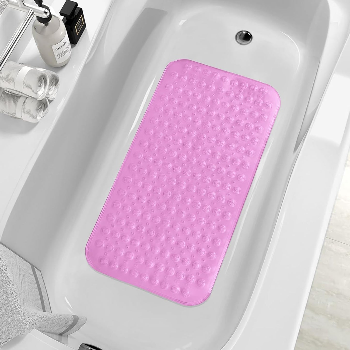 ZHICHENG Bath Mat - Shower Mat Non Slip - Long 31.88 x 15.74 Inch Bathroom Mats for Tub Nonslip - Anti Slip Bathmats - Bathtub Mat Non Slip with Massage Particles (Transparent Pink)