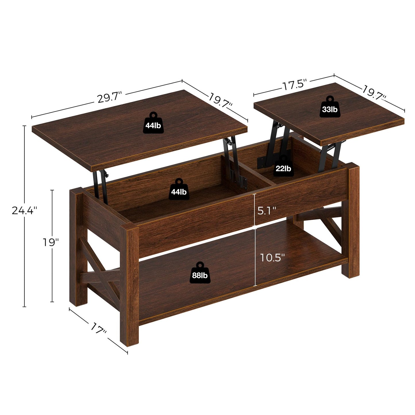 Rolanstar Coffee Table, 47.2" Lift Top with Hidden Compartment, 2 Way Lift Top Coffee Table with Open Shelf & X Wooded Support, Farmhouse Center Table for Living Room, Espresso