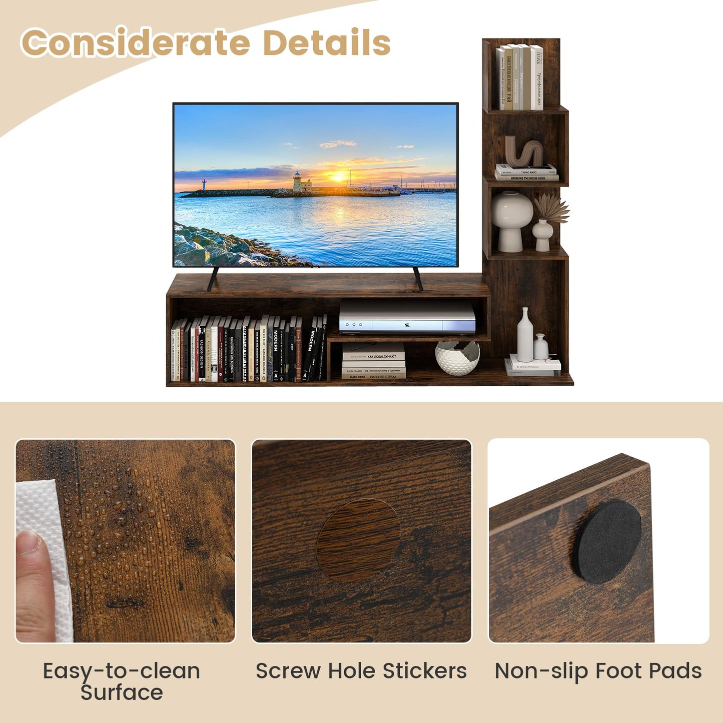 Giantex L-Shaped TV Stand for TVs up to 50", TV Entertainment Center with Storage & 3 Tier Bookshelves, Modern TV Console Table for Living Room, Bedroom, Entryway (Rustic Brown)