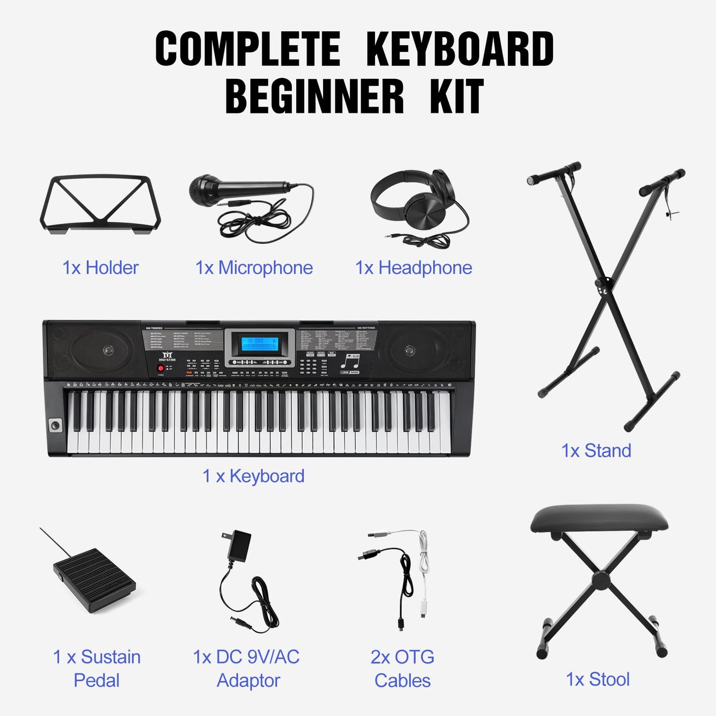 MUSTAR Piano Keyboard, 61 Key Keyboard Piano Electric Piano with Stand, Touch Sensitive Keyboards Piano 61 Key for Beginners, Headphones, Microphone, MP3/USB/LCD Screen, Holiday Birthday Gifts