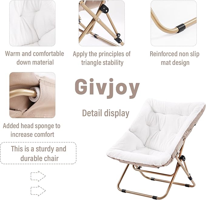 Givjoy Comfy Folded Chair with Ottoman, Oversized Folding Faux Fur Chair Soft Furry Lounge Lazy Chair with Metal Frame Moon Chair Accent Chair for Bedroom, Living Room, Dorm Rooms