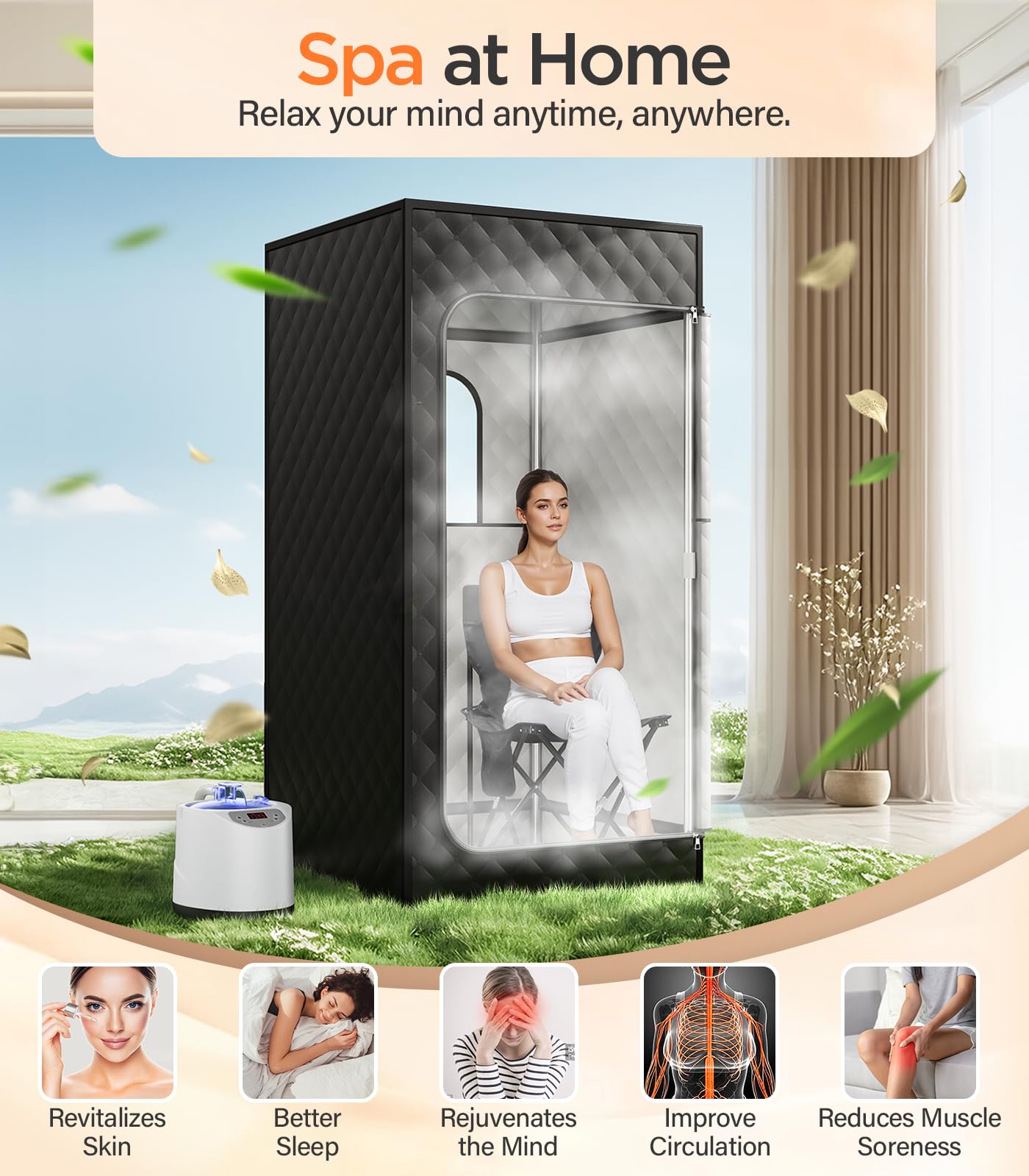 FREEYARE Sauna Box, Portable Sauna for Home, Personal Steam Sauna Tent with 1200W 3L Steamer Heater, 15 Levels, Remote Control, Foldable Chair, Cozy Size 36 * 36 * 71 inch-Black