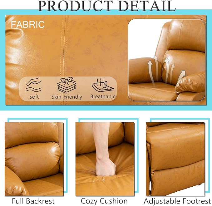 Caberryne Leather Recliner Sofa Set，Leather Reclining Couch for Living Room Furniture Sets，Ginger Recliner Couch with 5 Recliners for Living Room/Office/Theater Seating(Sofa Set 3 Pieces)