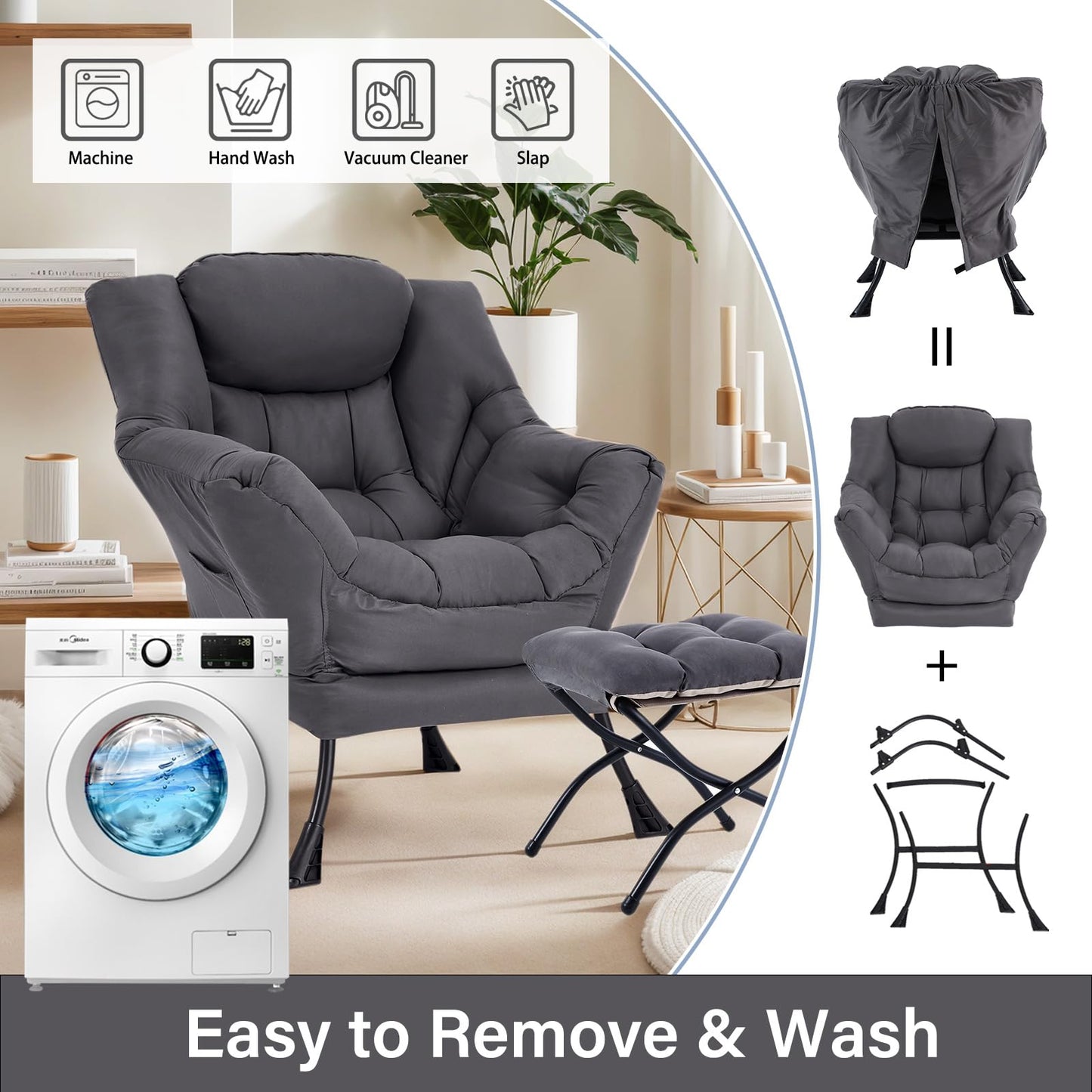 HomEastlly Lazy Chair with Ottoman, Reading Armchair with Armrests and Footrest, Large Modern Lounge Accent Chair with Ottoman, Leisure Sofa Chair for Living Room, Bedroom, Dorm Room (Dark Grey)
