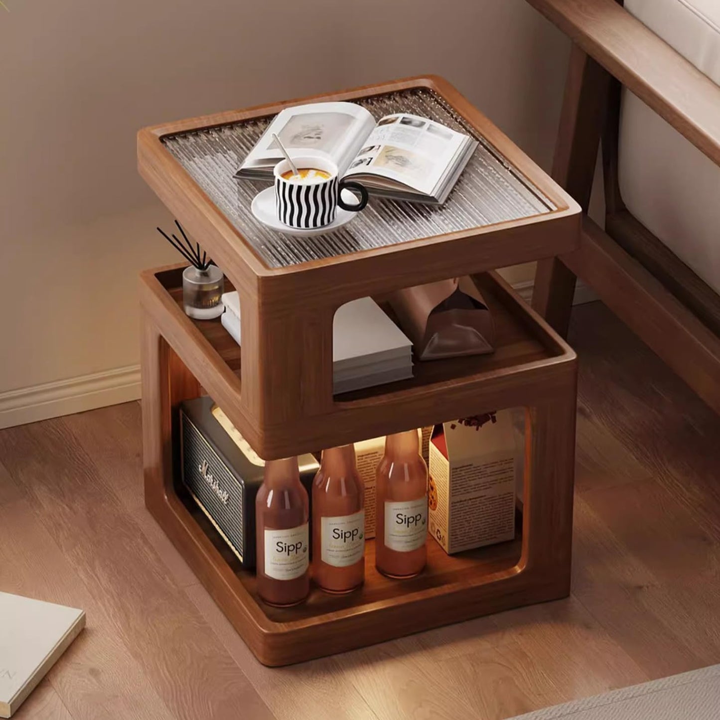 Nightstand 3-Tier Storage, End Side Table with Tempered Glass Desktop, Modern Solid Wood Bedside Table for Bedroom, Walnut