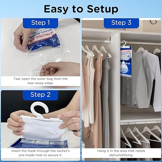 W&E Choice Moisture Absorbers Hanging Bag for Your Closet, Dehumidifier Bags for Bathroom, Fragrance Free Humidity Packs, 10 Pack