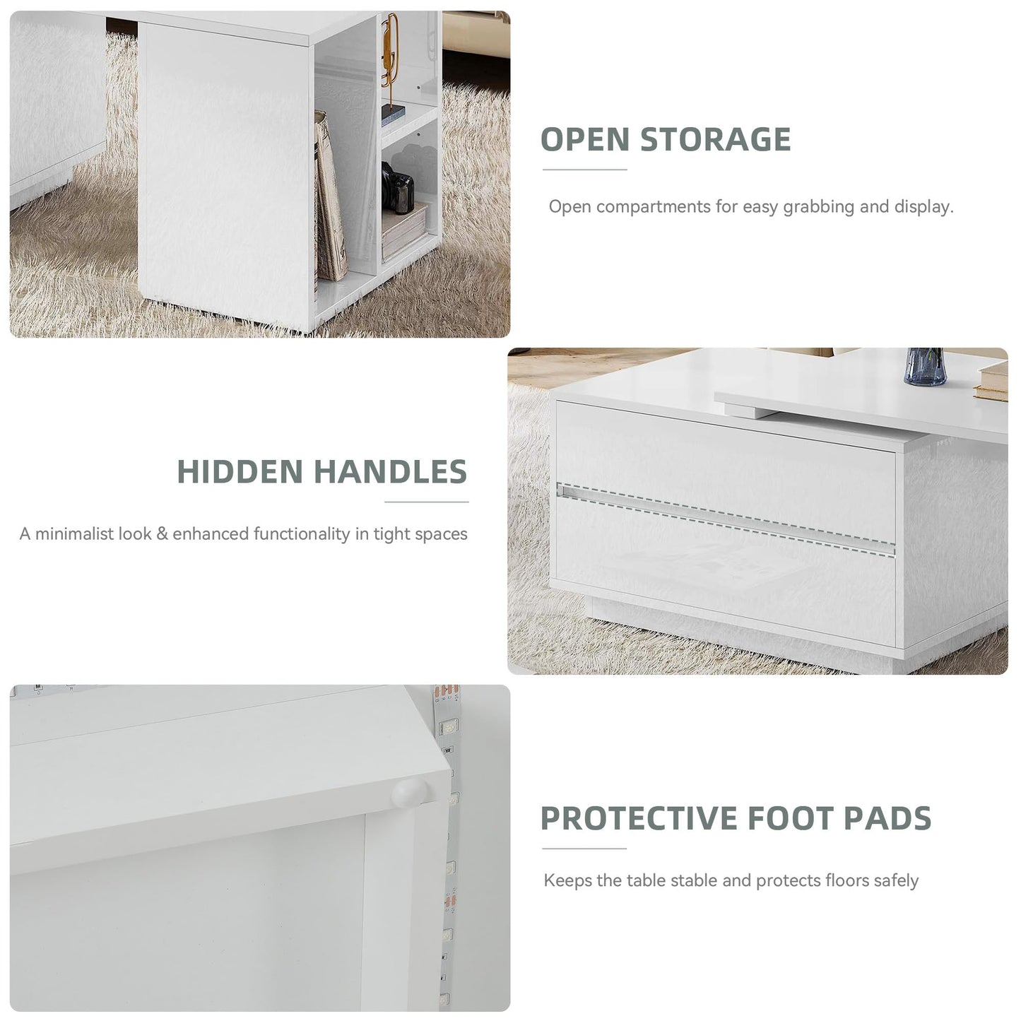 YITAHOME Coffee Table LED Coffee Table with 4 Storage Drawers, Extendable Coffee Tables for Living Room, Modern Wooden Rectangle Cocktail Table with Open Shelves & Sliding Tabletop 35"- 61", White
