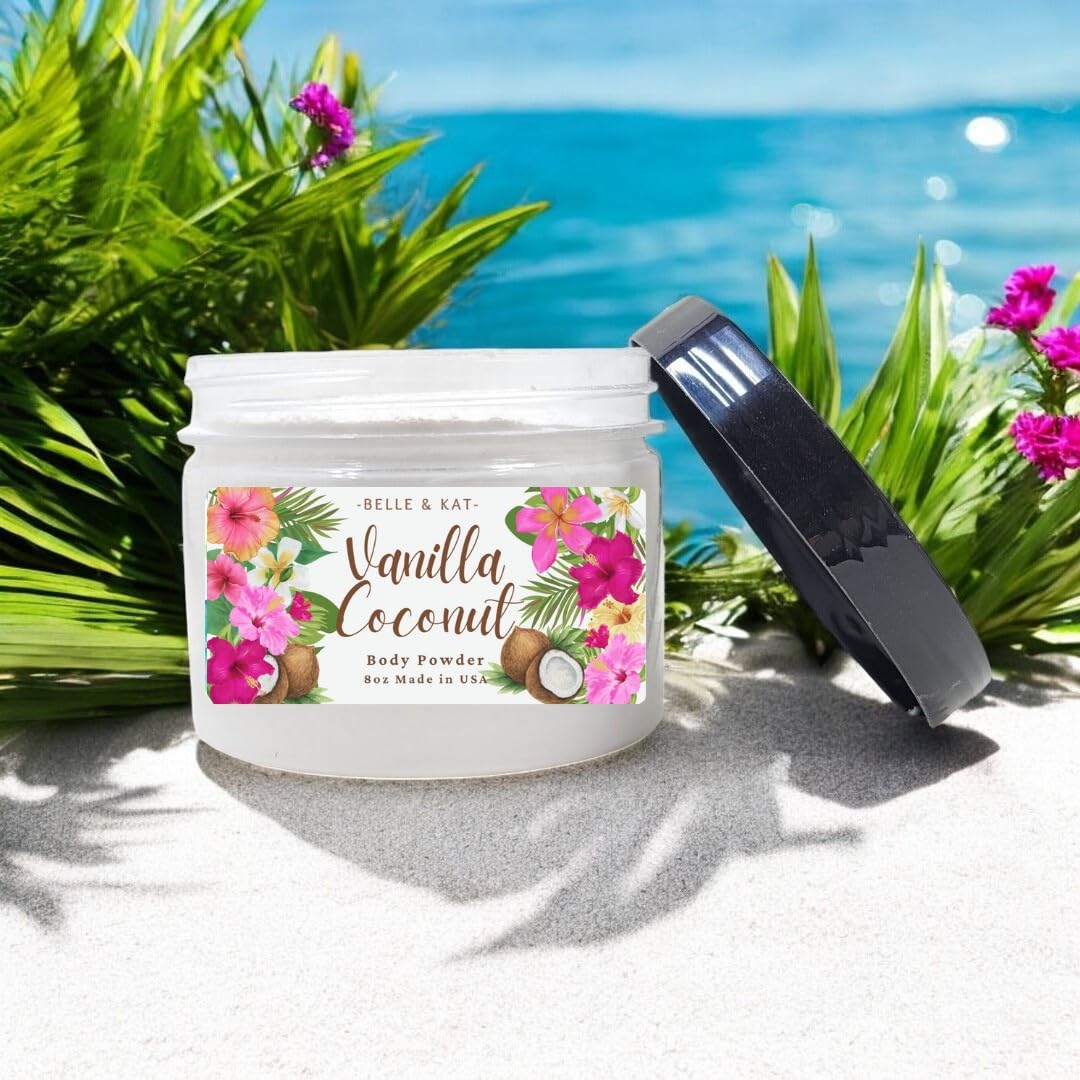 Body Powder for Men & Women Scented Vanilla Coconut, Bath Perfume Dusting Powder with Fragrance & Essential Oils, Talc Free 8oz Container, Made in USA