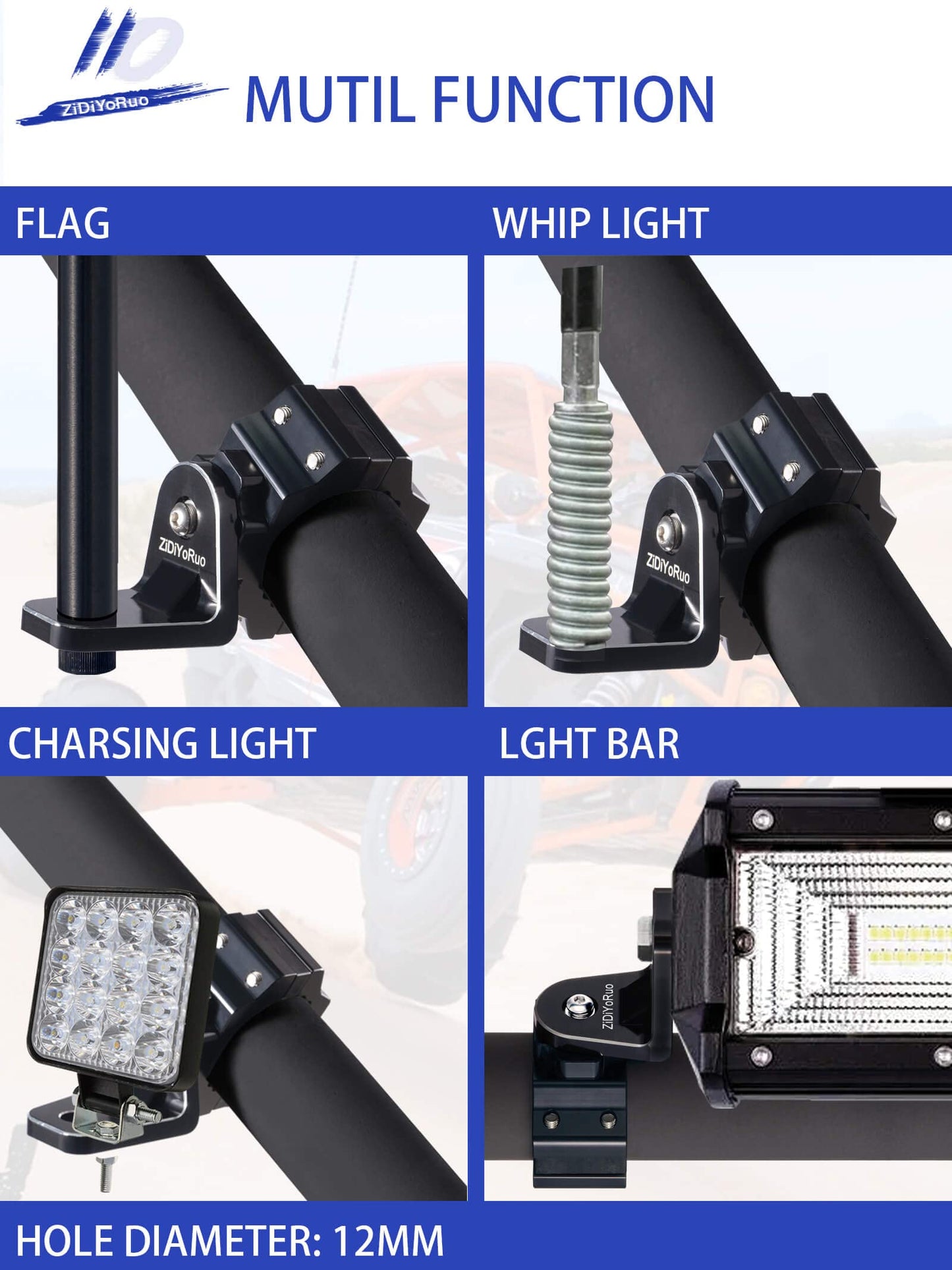 Zidiyoruo Utv Whip Light Mount - Easy To Install On 1.75 To 2 Roll Bar, Aluminum Alloy Mounting Bracket, 360 Adjustable Design F