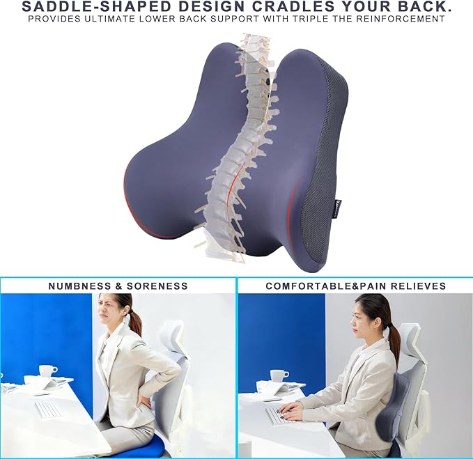 KWYBOW Large Seat Cushion & Lumbar Support Pillow Set for Car & Office Chair,Memory Foam Ergonomic Desk for Tailbone & Sciatica & Hip Pain Relief,Back Support-Black