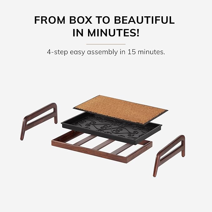 Anji Mountain Heavy Duty Waterproof Wooden Shoe Storage Mat Organizer/Boot Storage Tray Multi Use for Entryway with Coir, Black and Ivory Diamond Insert, 1 Tier, Fits 2 Pair (26.5" Wide)