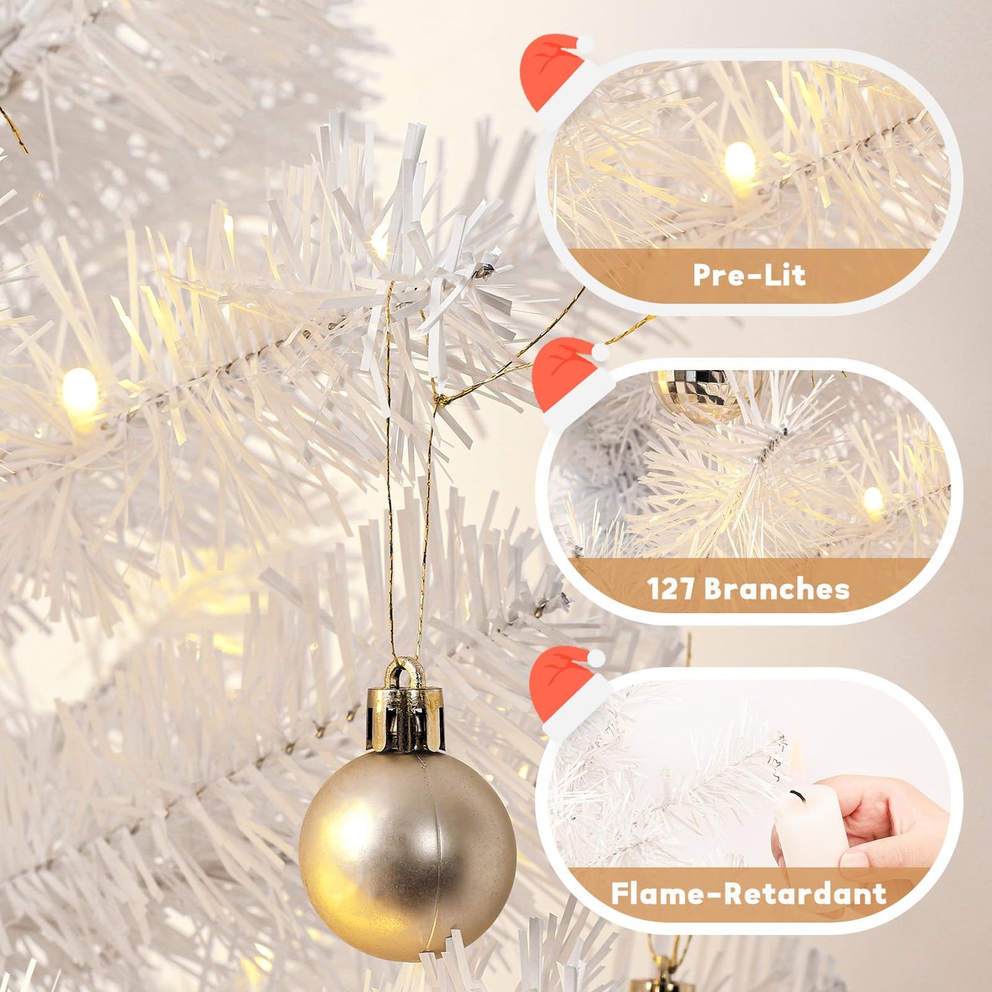 Decoway Pre-Lit Artificial Christmas Tree, 4ft Slim White Tinsel Christmas Tree with Warm White LEDs, Battery Operated - Includes Stand, Fire Retardant PVC for Small Spaces, Home Indoor Decoration