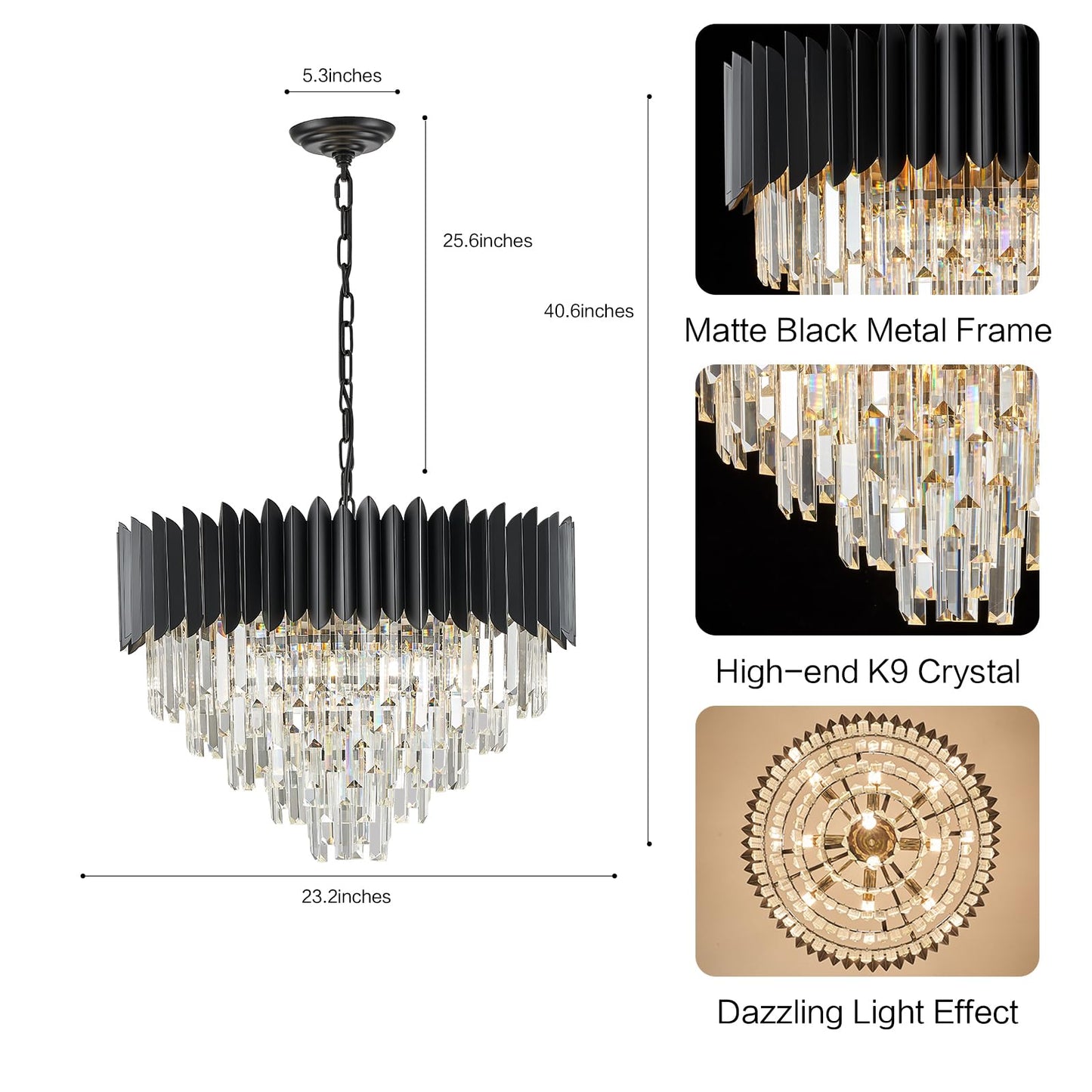 YOLIZUOT Black Crystal Chandelier 24'' K9 Crystal Round Pendant Lights Adjustable 5-Tier Large Modern Crystal Chandelier Light 10-Lights for Dining Room Living Room Kitchen Foyer Entryway