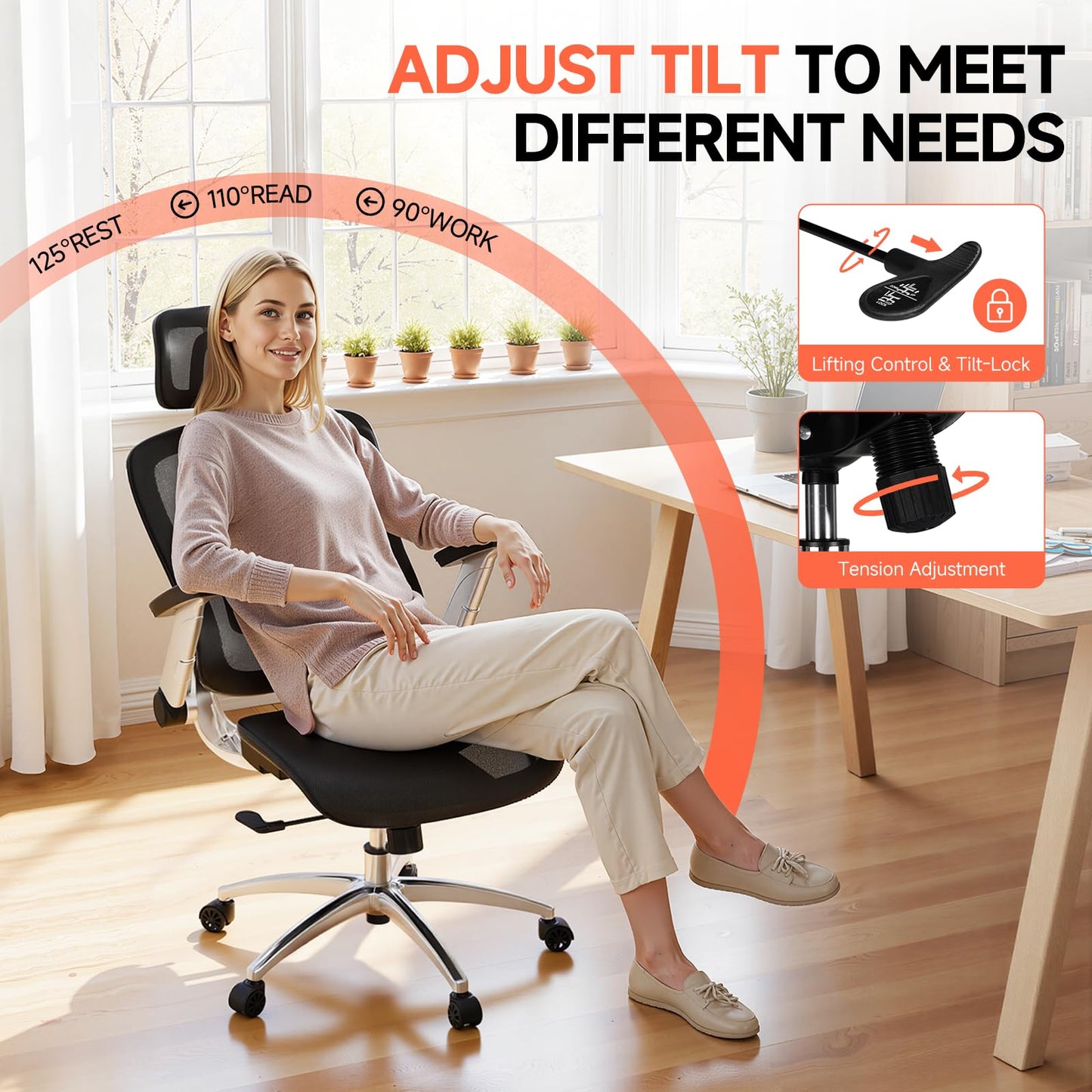 GTPLAYER Big and Tall Ergonomic Mesh Office Chair, High Back Home Desk Chair Computer Gaming Chair with Headrest, Flip-Up Arms, 90-125° Tilt Lock and Wide Cushion, Task Chair for Man Woman-Deep Black