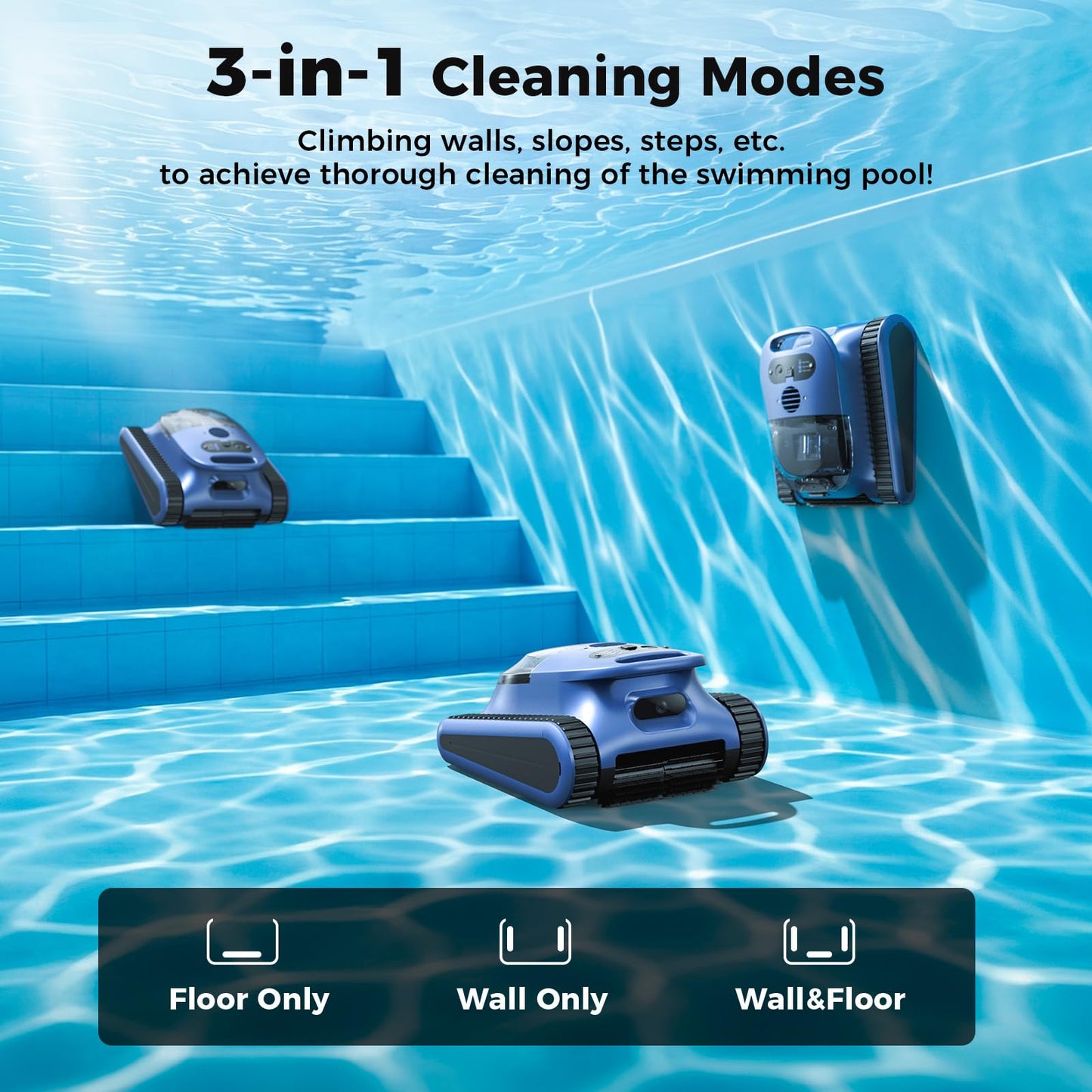 Automatic Robotic Pool Cleaner,3 in 1 Cordless Pool Vacuum for Inground Pools Floor&Wall&Waterline Cleaing up to 2150 SqFt,4800GPH Powerful Suction Robot Cleaner 180Min Battery Life,Track Drive